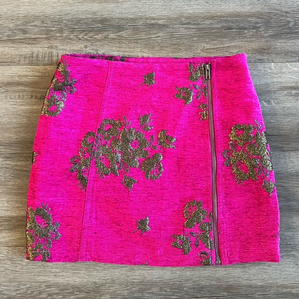 Free People Jacquard Brocade Floral Metallic Pink Skirt